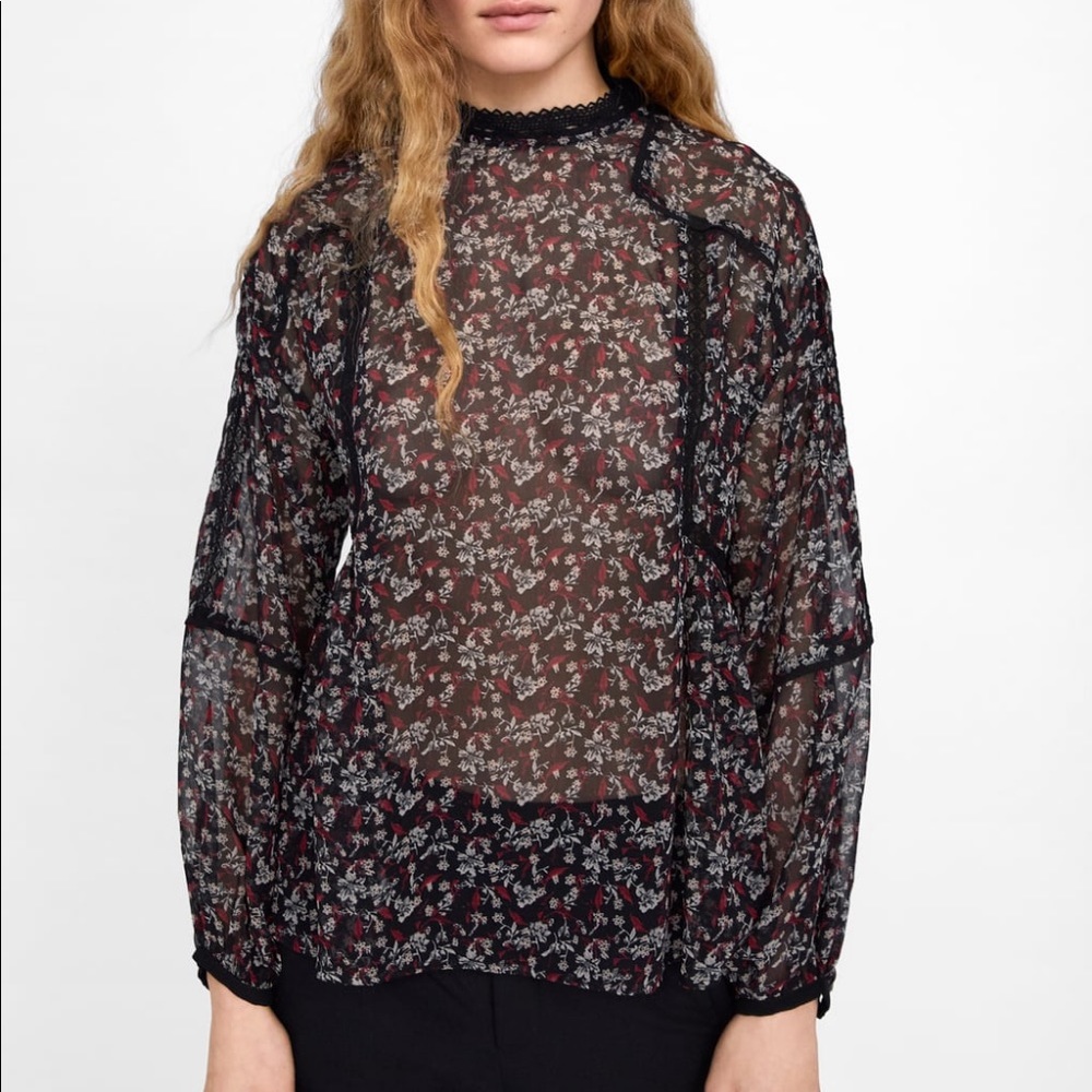 Zara Floral Print Peasant Blouse Balloon Sleeves - Picture 4 of 10